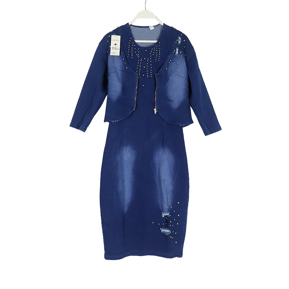 Plus Size Women Party Dresses Denim Jean Jacket Ripped Dress 2022 Fall Two Piece Set Female Luxury Gown Designer Clothing