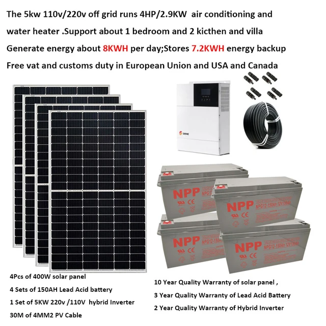 Solar Panel Kit Complete With Battery 5000W 220V 110V PV Panel 400W UPS  Hybrid Inverter Off Grid System 4HP Heater Villa Farm - AliExpress