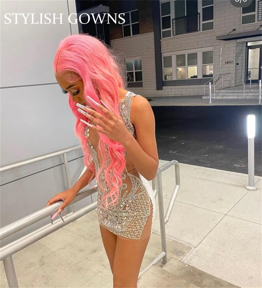 

Sexy Silver Sheer O Neck Sparkly Diamonds Short Prom Dress For Black Girls 2023 Glitter Crystals Rhinestone Birthday Party