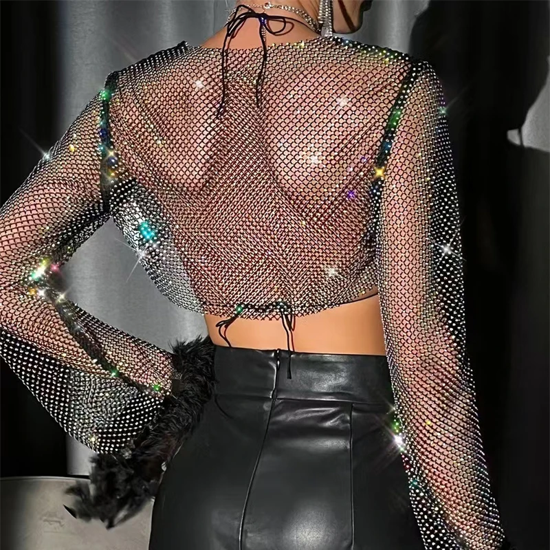 Sparkling Emaono Maga Innov Apartamento Love Sexy Fishnet Strass Crop Top Damen Langarm Clubwear Festival Gothic Party Y2K T-Shirts – Detail 5