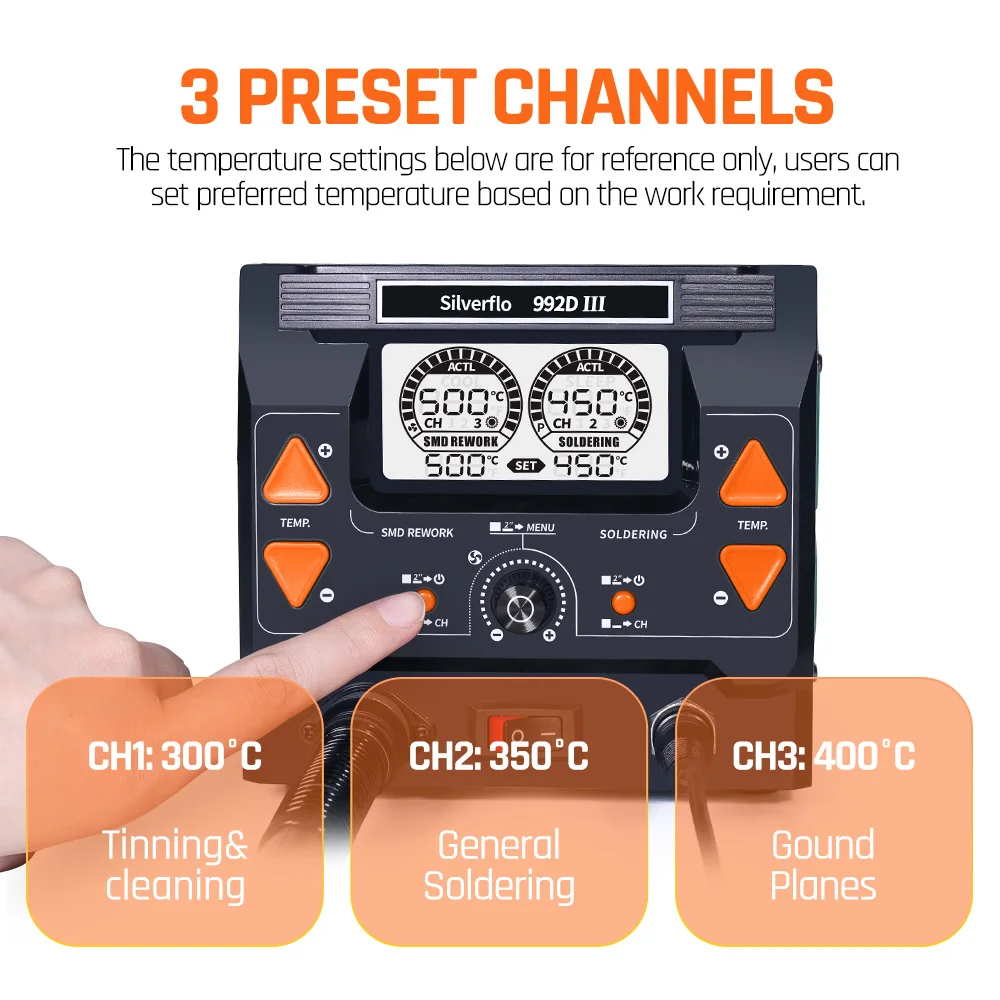 Silverflo 992D-III Precision Soldering Station 1220W Hot Air Rework Station Compatible C210/C245 Soldering Iron Welding soldering station,desoldering station