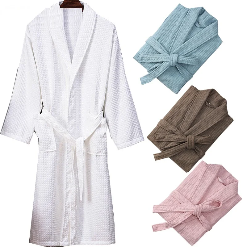 Solid Color Waffle Nightwear V Neck Sleep Lounge Robes Female Home Dressing Gown Kimono Robes Bathrobes Spa Sauna Garments