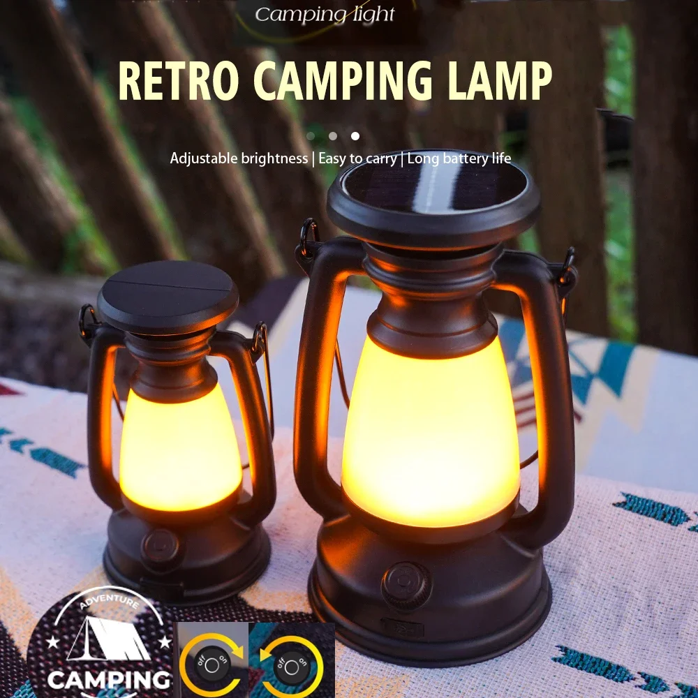 

New Retro Lamp Tri-Color Led Stepless Dimming Light Source Portable Hanging Solar Charging USB Camping Outdoor Lighting