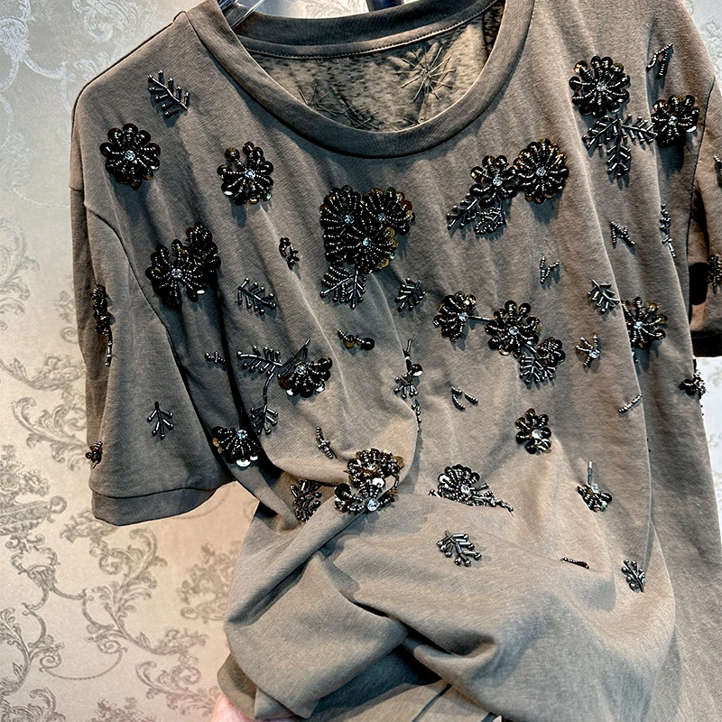 

2023 Summer Ladies T-shirt Short Sleeve Loose Casual Round Neck Embroidery Pullover Tshirts Luxury High-Grade Women Tops Tees
