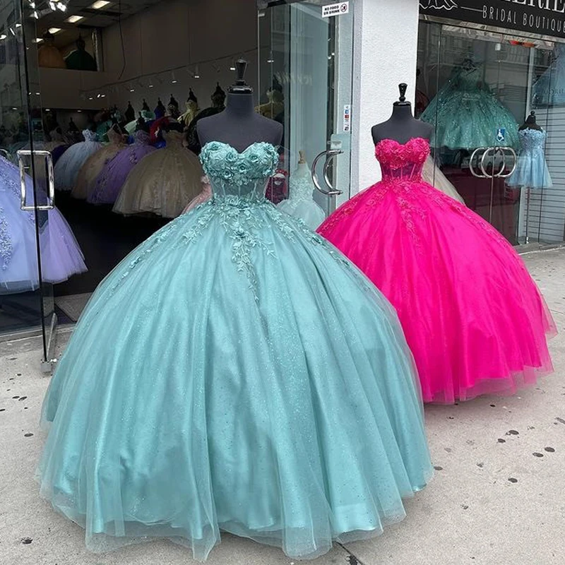 

Luxury Shiny Sage Green Quinceanera Dresses Ball Gown 3DFloral Applique Crystal Sweet 16 Dresses Lace-Up Birthday Party Dresses
