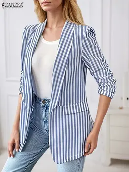 2025 ZANZEA Office Women Blazer Autumn Elegant Lapel Neck Long Sleeve Blazer Coats Thin Jackets Stylish Stripe OL Work Outwears