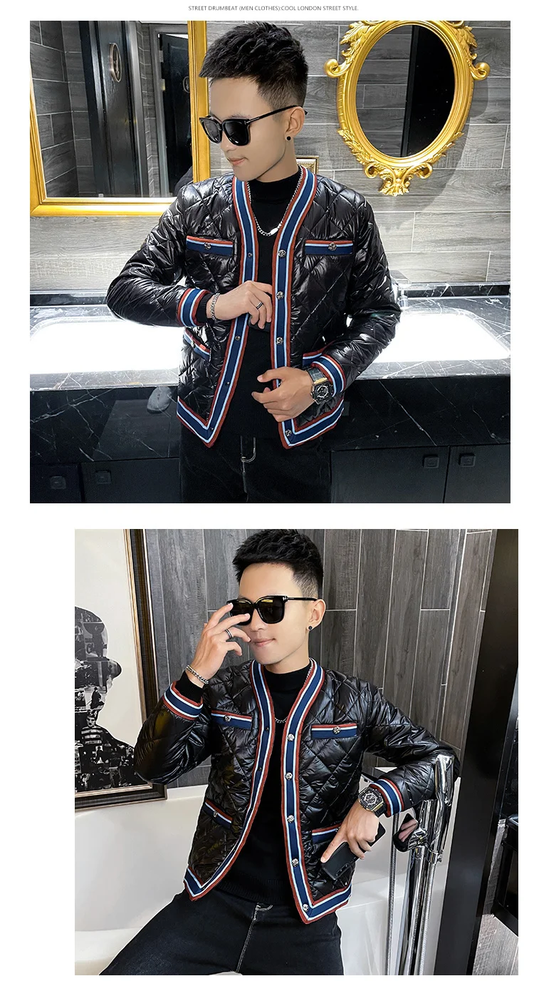 Contrast Elegant Color Striped Quilted Puff Jacket Men Fancy Collarless Brand Warm Parka Homme Jaqueta Masculina Inverno mens parka with fur hood