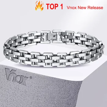 Vnox 11mm Watchband Shaped Chain Bracelet for Men Teens Boys,Strap Chain Bracelets, Black Silver Color Stainless Steel Wristband