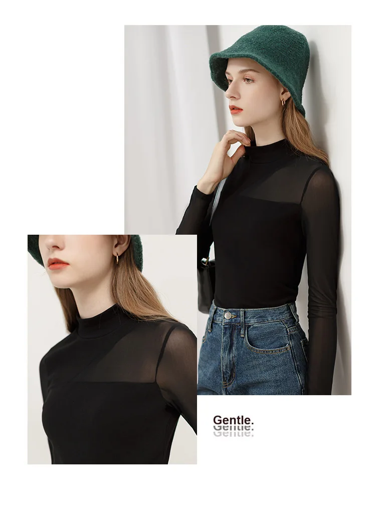 European and American style women's spring new sexy mesh stitching half turtleneck bottoming shirt perspective