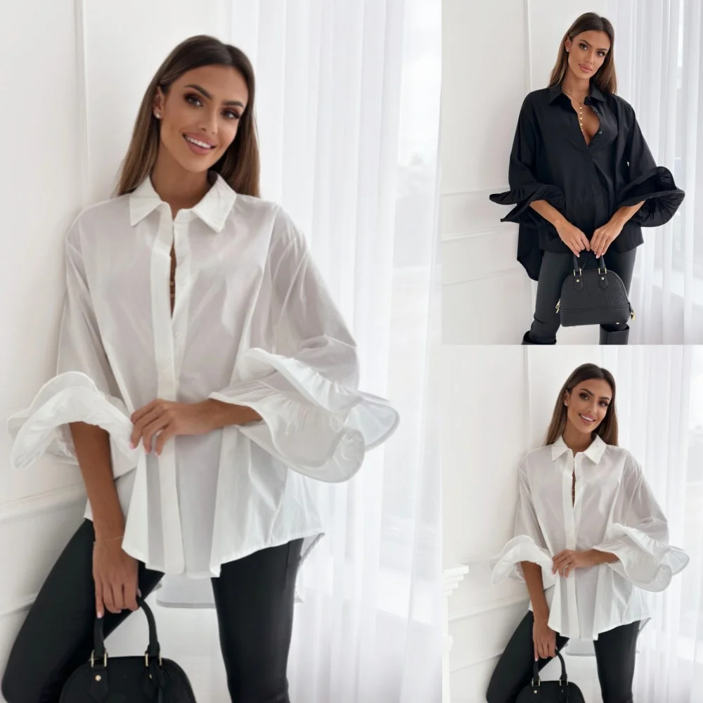 

Винтажная белая рубашка с рукавами-фонариками y2k, модная женская однобортная однотонная черная блузка с отложным воротником, уличная Женская одежда, 2xl