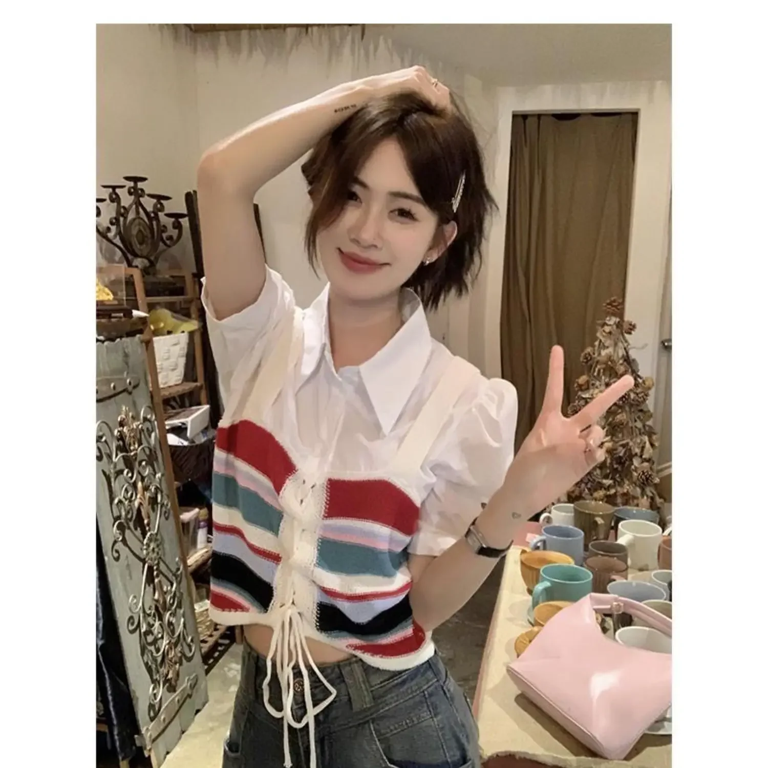 

2024 Summer New Fake Two Piece Short Sleeve Bubble Sleeve Fashion Women Design Sense Minority Chic Clashing Colour Tie Top