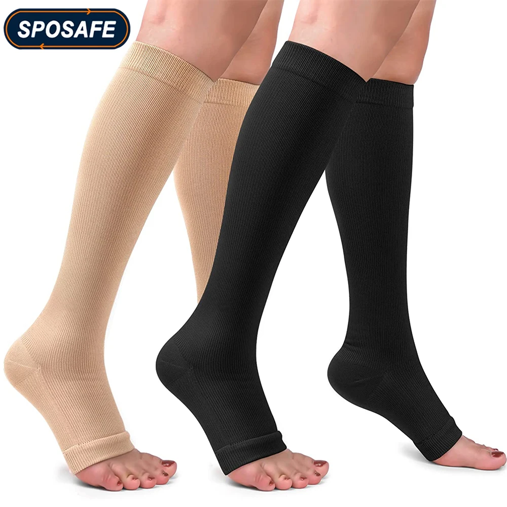 1 짝 S-7XL 송아지 압축 양말 무릎 높은 오픈 발가락 회사 지원 졸업 정맥류 임신 부종 부종 간호사