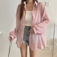 Semi Sheer Long Sleeve Shirt for Women Shimmer Button Down Collared Plain Lightweight Shirt Spring Summer Chic Tops Outfit - Image 4