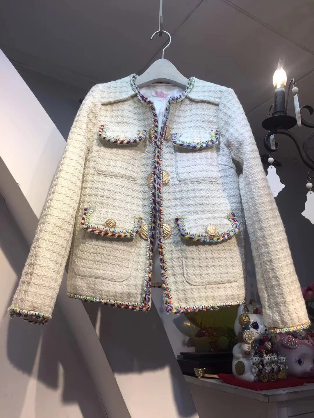 

Autumn 2023 new round neck button cardigan woolen Dynamic rope placket small fragrance long sleeve short coat women