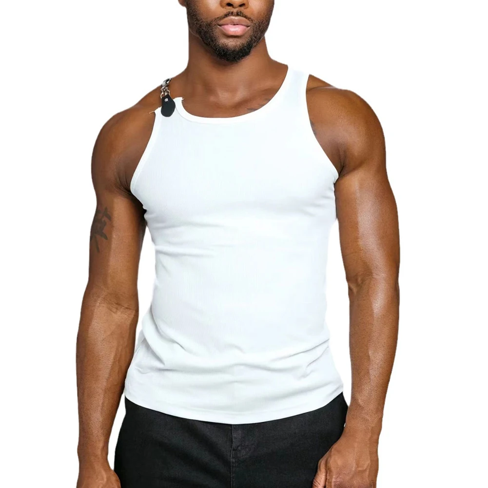 

Streetwear Bottoming Camisoles Daily Sexy Sleeveless Slim Buttoned Straps Elastic Mens O Neck Pure Color Comfy