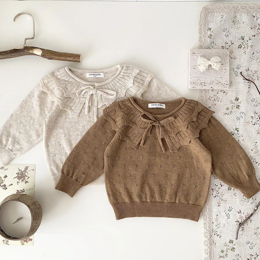 Baby Girls Sweater Double Layered Ruffle Collar Thin Knit
