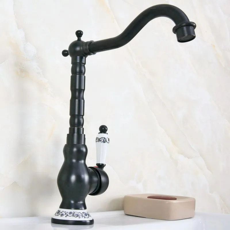 

Black Oil Rubbed Brass One Ceramic Flower Handles Bathroom Kitchen Basin Sink Faucet Mixer Tap Swivel Spout Deck Mounted mnf657