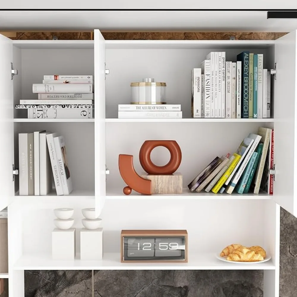 2-in-1Computer Desk for2Person with 82.7" Tall Bookshelf&3-Color Lights,90.6"L-Office Desk with4Drawers,14Shelves&6 Glass Doors 5