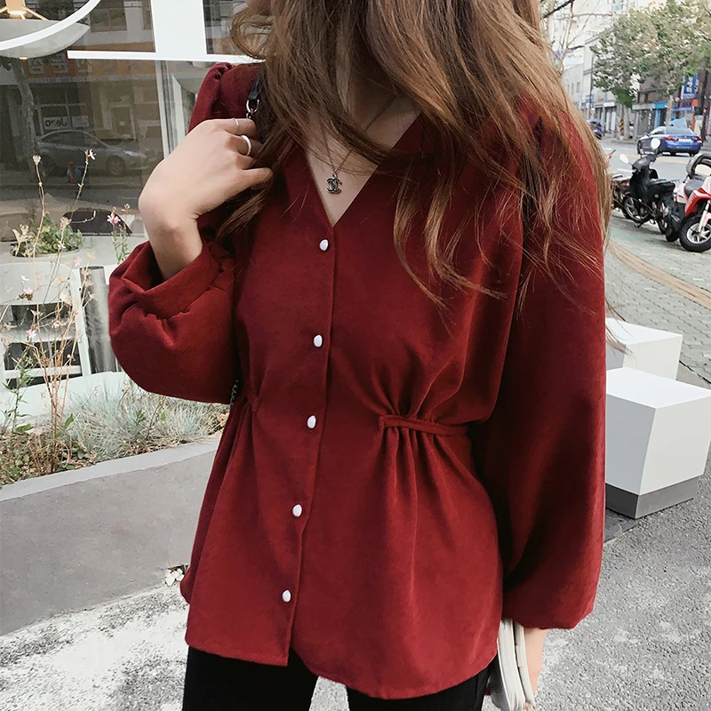 Shintimes Back Sashes V-Neck Button Blouse Women Korean Fashion Clothes 2022 Winter Tops Long Sleeve Woman Shirt Chemisier Femme