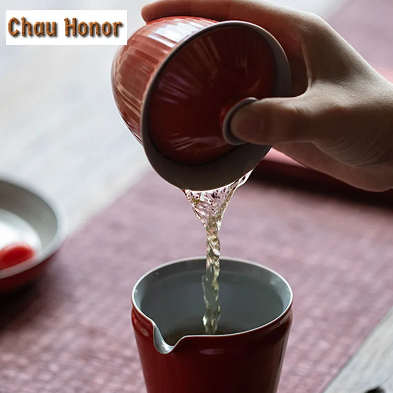 140Ml Coral Red Glaze Ceramic Tea Tureen Vertical Pattern Sancai Tea Bowl With Cover Tea Maker Gaiwan Household Kung Fu Tea Set