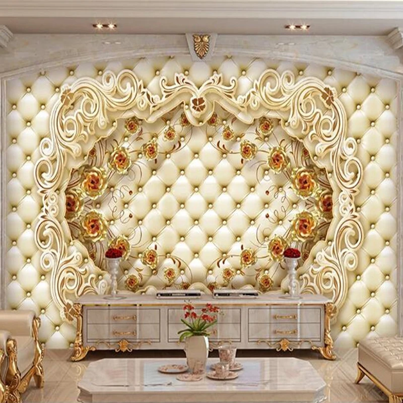 

Custom 3D Wallpaper Murals European Style Golden Rose Flower Luxury Soft Package Living Room Sofa TV Background Wall Art Mural