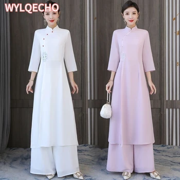 2024 tradizionale Vietnam Ao Dai Vintage Dress + pants Set National Flower Rmbroidery Cheongsam Dress banchetto abito da sera Vestido 1
