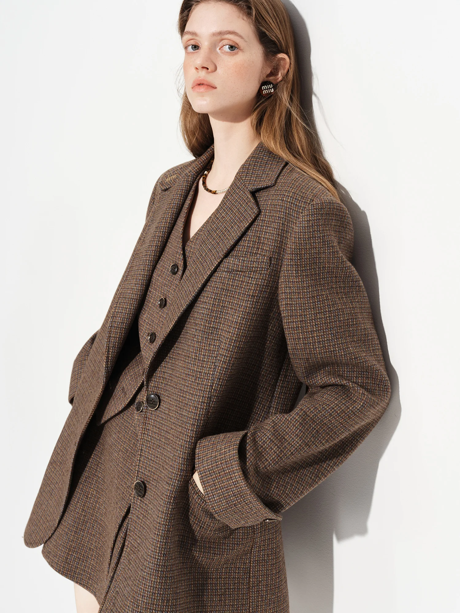 FSLE【Premium Series】New Women's Brown Wool Checkered Suit Set Blazer Vest Skirt Three Piece Coord Vintage Office Chic Suiting S4ae19098489d4a5f91a4df7951fcb0efu