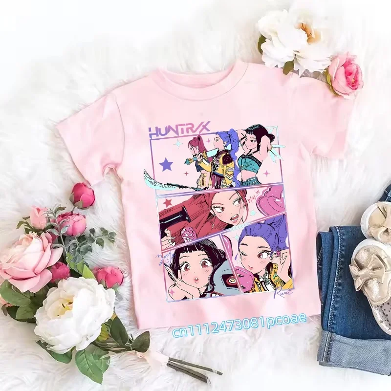 Children's Anime-Inspired Demon Hunters T-Shirt - K-pop Cartoon Pattern, Casual Girls' Top, Gift Option