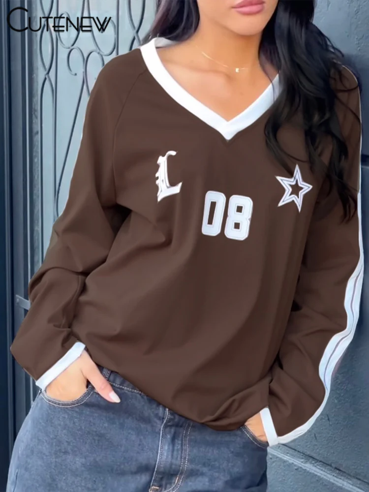 Football Track Women T-shirts Autumn Printed Striped Long Sleeve V-neck Oversized Tops Female Active Casual Streetwear