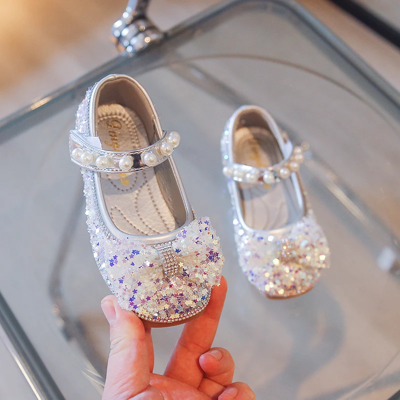 

Girls' Leather Shoes With Bow Spring/Autumn Children'S Diamond Crystal Princess Shoes Pearl Performance Single Sneakers Fashion