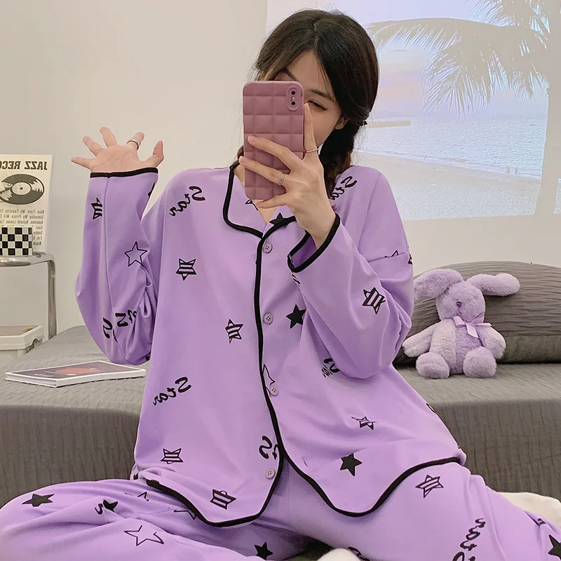 Autumn Winter Women's Cotton Pajamas Long Sleeve Cardigan Pants Loose Fit Oversized Jacquard Home Clothing Set Sweet Sleepwear