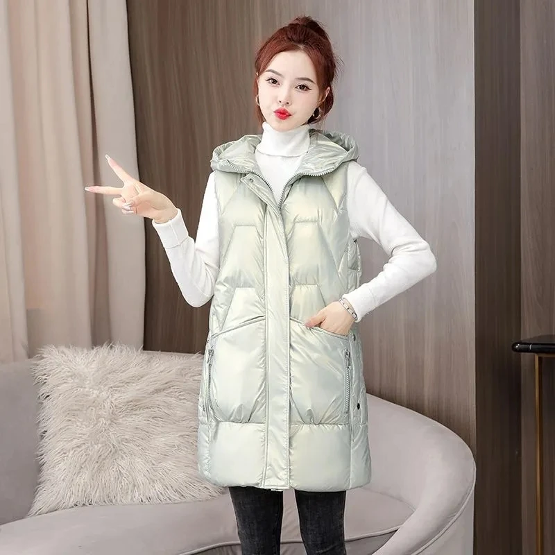 

Bright Down Cotton-Padded Vest Women's Overcoat Loose Long Warm Parker Coat 2023 New Autumn Winter Hooded Waistcoat Outside Wear