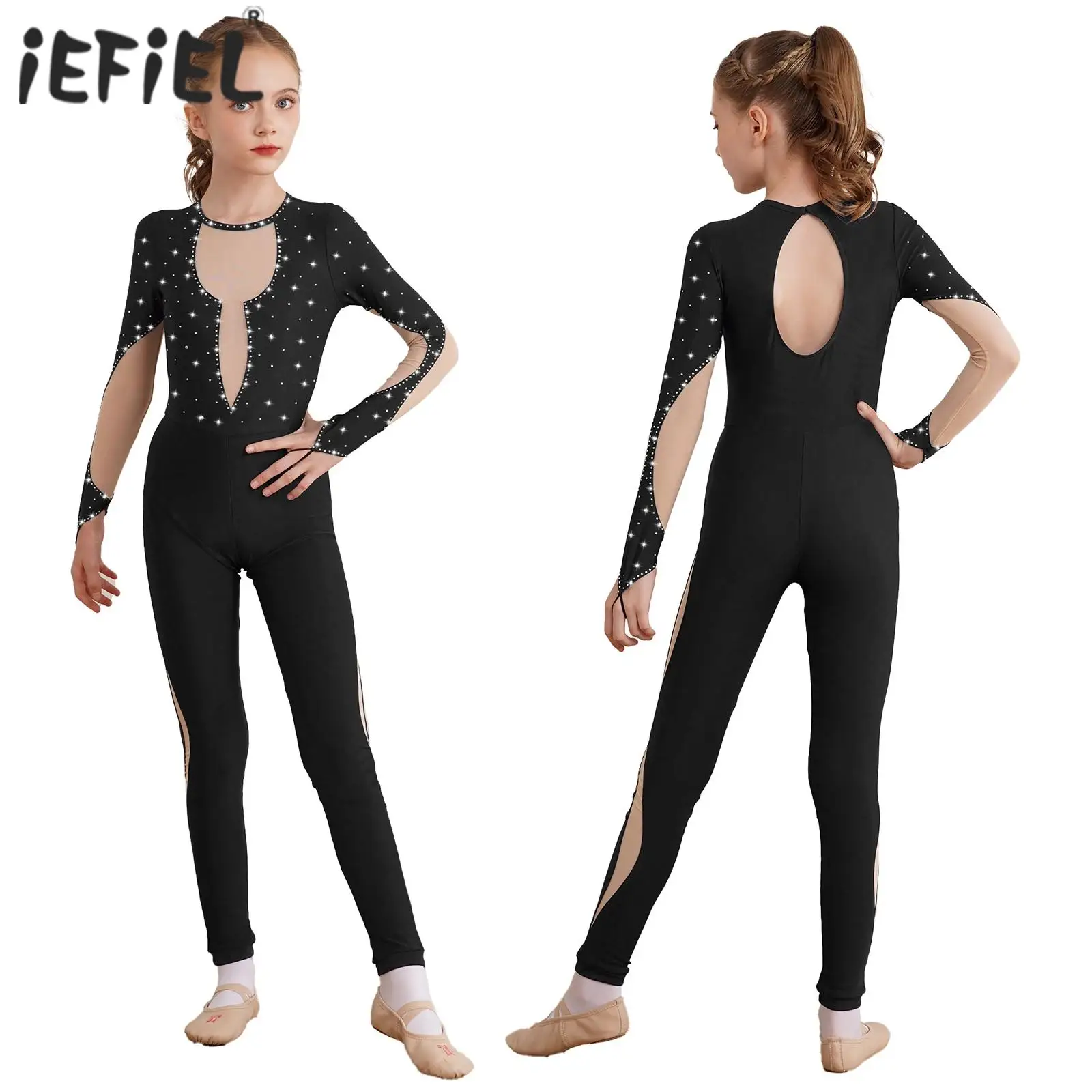 

Kids Girls Ballet Dance Jumpsuit Shiny Gymnastics Unitard Bodysuit Long Sleeve Back Keyhole Mesh Figure Skating Dance Costume