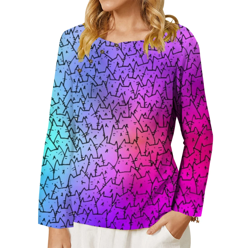 

CLOOCL Women T-shirt Button Tops Trendy Oversized Casual Long Sleeve Shirts Ladies Clothing Cat Cartoon Pattern Gradient Blouse