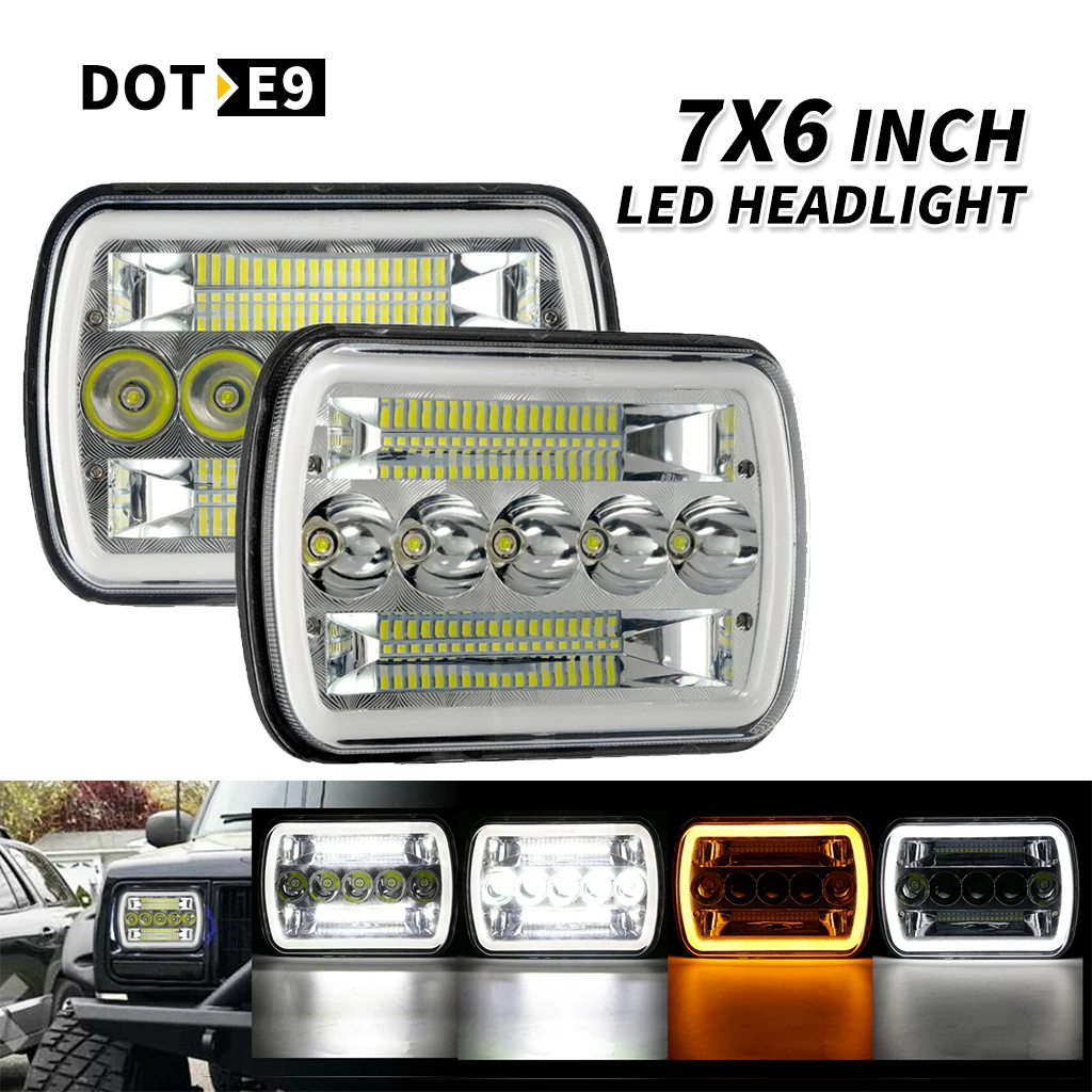 

7x6 5X7 500W inch Car LED Square Headlights Day Running Light Hi-Lo Beam for Jeep Wrangler YJ/Cherokee XJ/MJ Comanche Off-Road