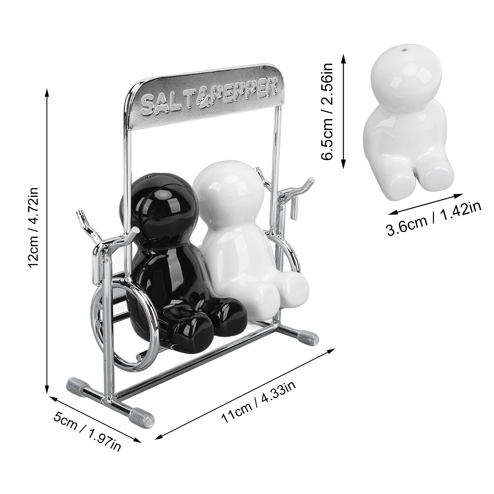 2Pcs Ceramic Spice Shaker Set Kitchen Cute Swing Figure Salt and Pepper Dispensers Black White