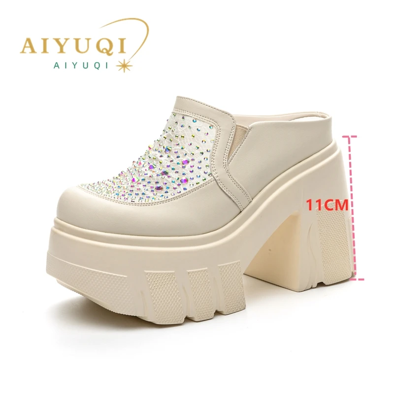 

AIYUQI Women's Slippers 2024 New Genuine Leather Summer Women's Slippers Rhindiamonds 11cm High Toe Closed Slippers Women