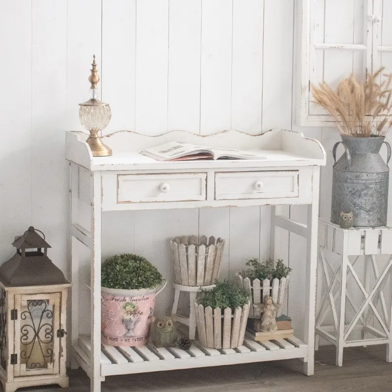 

American vintage distressed drawer trellis balcony outdoor solid wood garden sundries workbench pots shelves table
