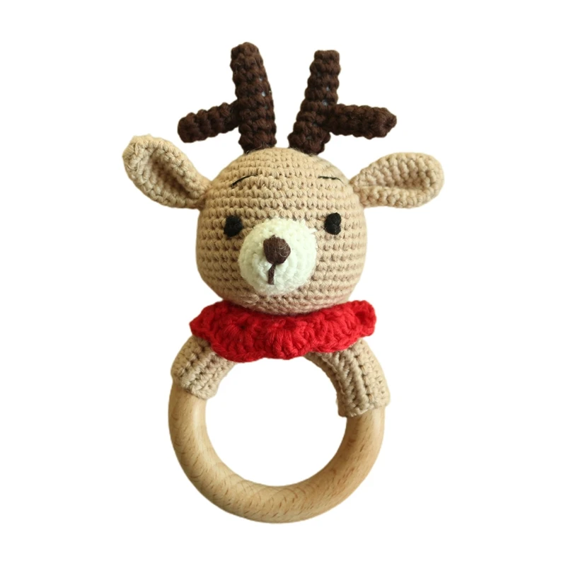 

2024 New Baby Teether Wooden Ring Cotton Thread Crochet Animal Deer Rattle Knitted Hand Handmade BPA Chewing Teething