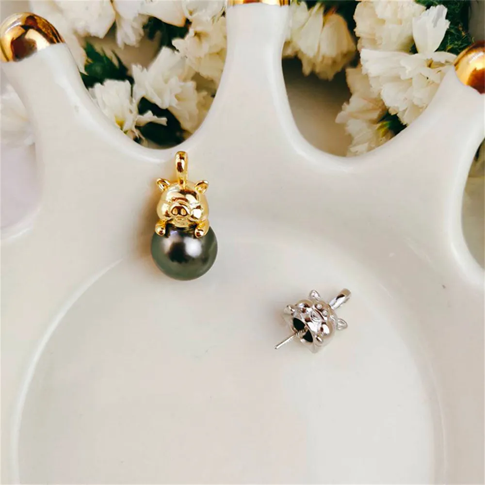 

DIY Pearl Accessories S925 Sterling Silver Lucky Pig to Pearl Jade Pendant Empty Holder with 8-10mm Round Beads