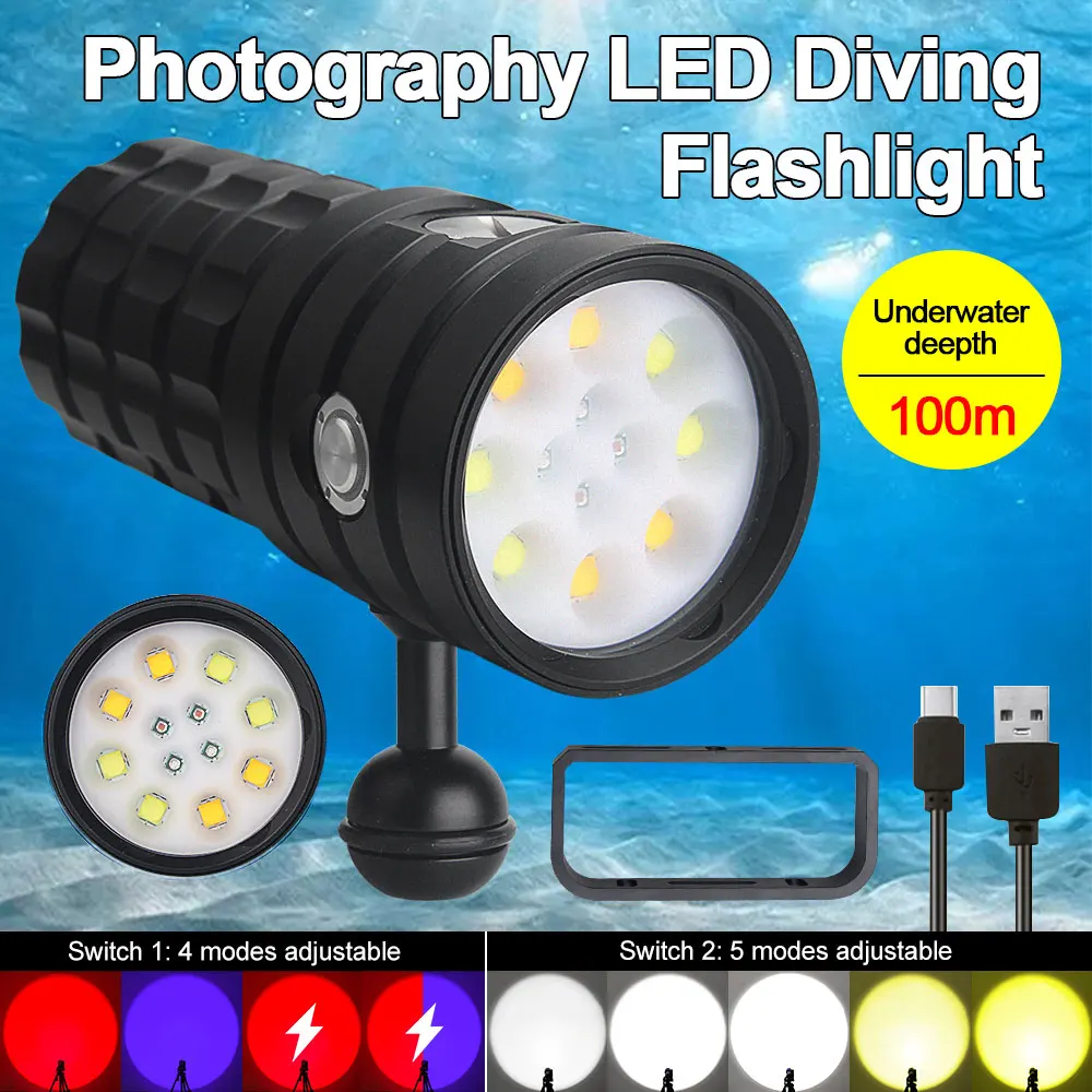 9000lm-4-color-professional-diving-flashlight-ipx8-top-waterproof-underwater-100m-photography-led-fill-light-rechargeable-torch