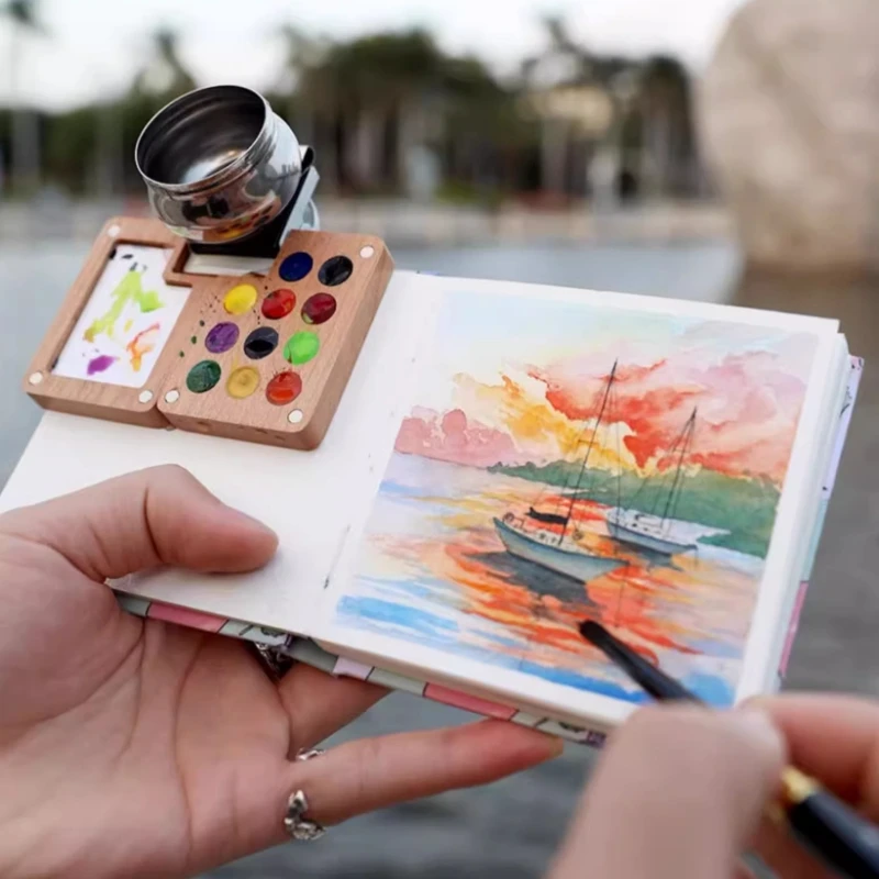 Palette Aquarelle Portable En Bois - 8/15 Grilles, Magnétique, Idéale Voyage Et Débutants