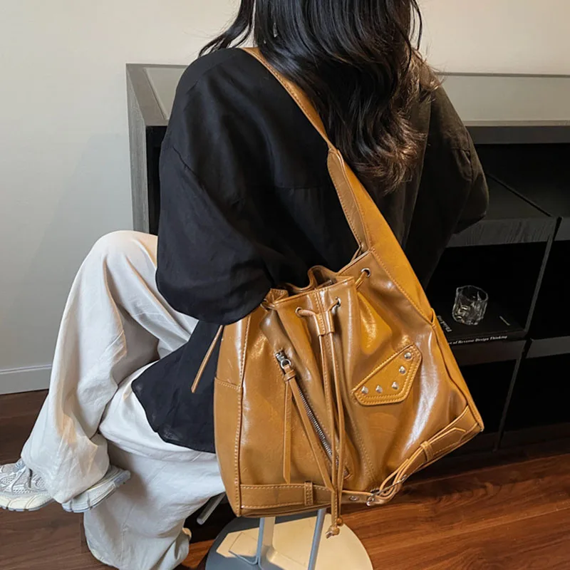 New Korean Version Women'S Drawstring Large Capacity Bucket Bag Autumn And Winter Tote Bag Casual Shoulder Bag Crossbody Bag