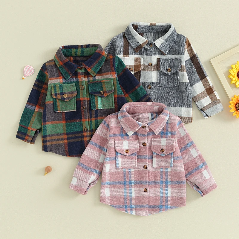 FOCUSNORM 0-4Y Toddler Kids Boys Girls Wool Jackets 3 Colors Long Sleeve Plaid Print Flannel Button Down Shirts Coats girls winter coat,girls outerwear,boys school hooded jacket