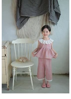 Summer Girls’ Suits Hollowed Lace Lapel Sleeveless Vest Top+Pants Two-piece Set Sweet and lovely Kids’ Clothing