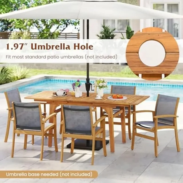 Set da pranzo da esterno in legno di acacia per 6-8 persone con tavolo e sedie espandibili, dotato di foro per ombrellone da 1,97 pollici e design traspirante 3