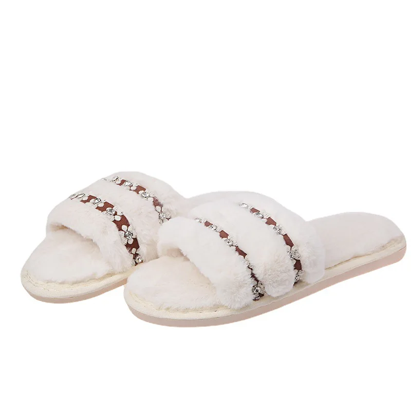 Winter Luxury Rhinestone Women Warm Fur Slippers Cozy Fluffy Furry Slides Crystal Flat Indoor Design Home Shoes Ladies