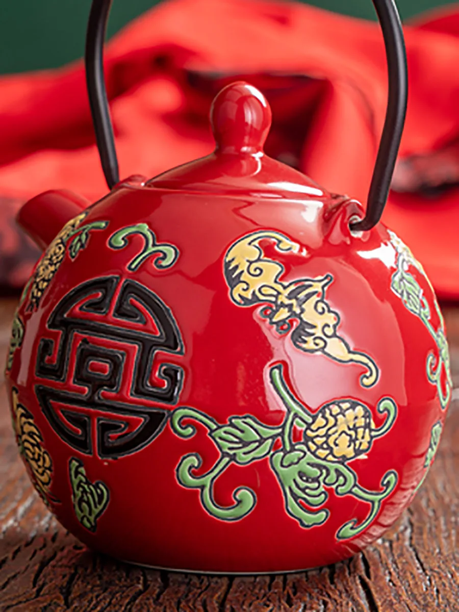 Chinese Red Ceramic Tea Set, Home Teapot, Porcelain Kung Fu Kettle, Creative Teaware, Wedding Souvenir, Gift Supplies, Wedding