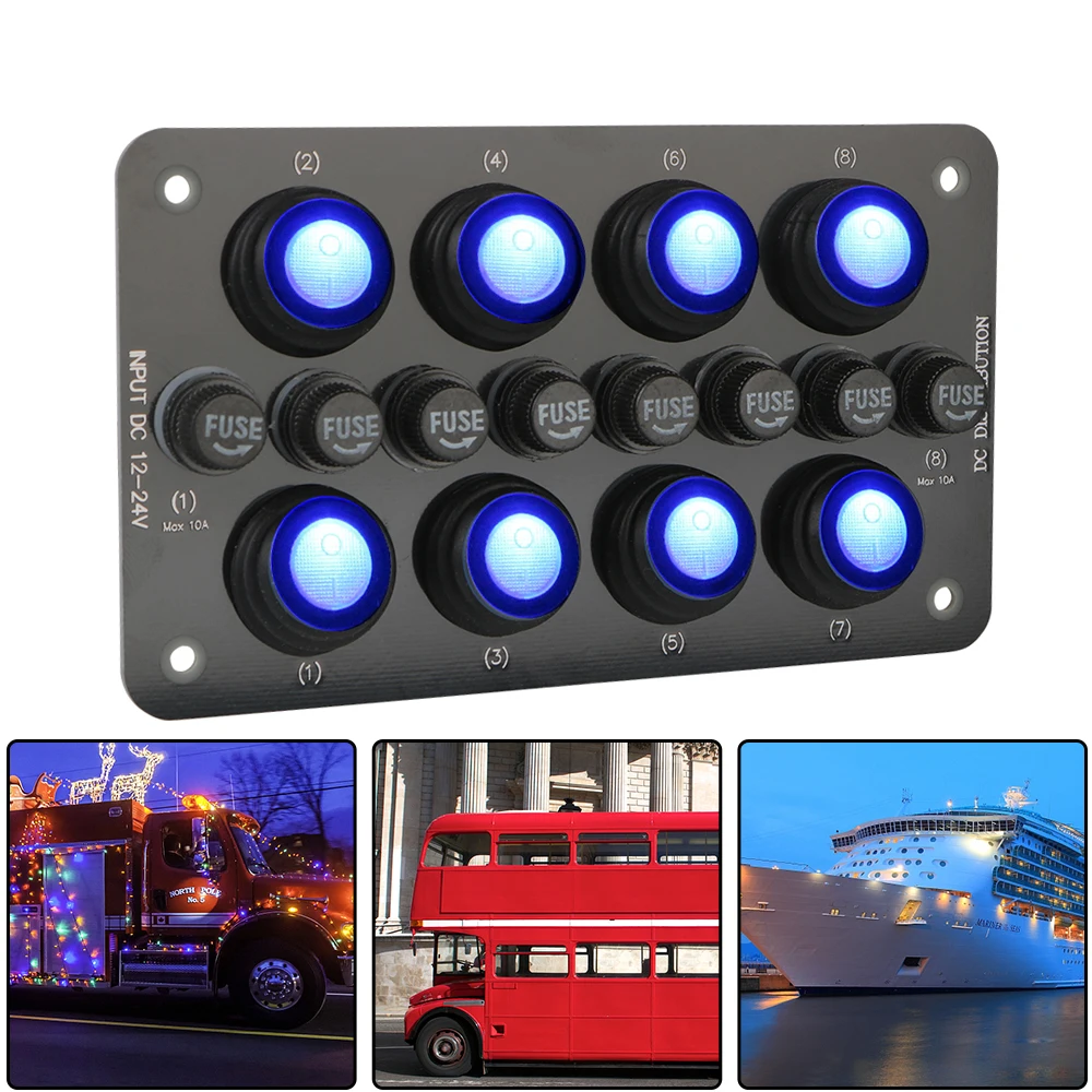 

Waterproof On/off Blue LED Light 12~24V Circuit Breaker 8Gang Button Rocker Toggle Switch Panel Replaceable Fuse Holder