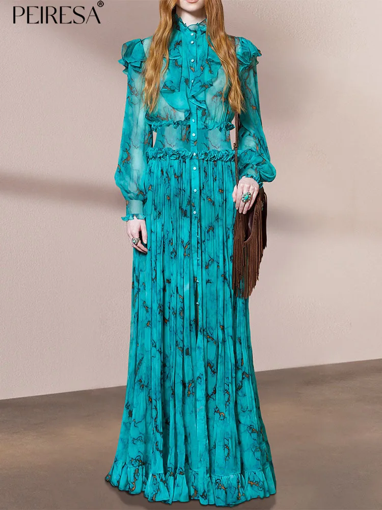 

PEIRESA Runway Fashion Designer French Style Printing Maxi Dresses 2023 New Fashion Stand Neck Lantern Sleeve Ruffles Long Dress